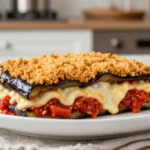 Deliziosa parmigiana di melanzane croccante preparata in friggitrice ad aria.