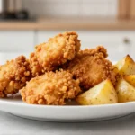 Delizioso pollo e patate preparati in friggitrice ad aria per un pasto sano e gustoso.