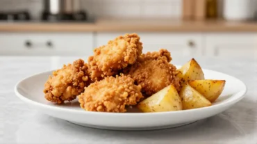 Delizioso pollo e patate preparati in friggitrice ad aria per un pasto sano e gustoso.