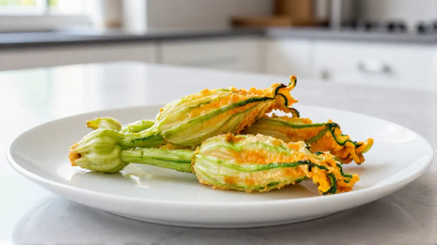 Deliziosi fiori di zucca croccanti preparati in friggitrice ad aria.