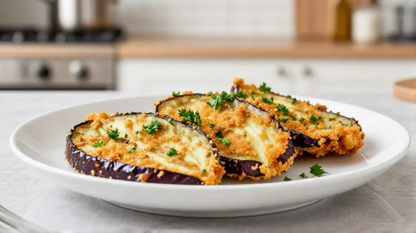 Deliziose melanzane impanate croccanti cotte in friggitrice ad aria.