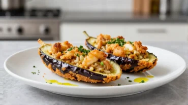 Deliziose melanzane ripiene cotte nella friggitrice ad aria, piene di sapori autentici.