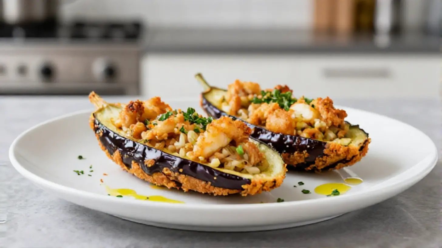 Deliziose melanzane ripiene cotte nella friggitrice ad aria, piene di sapori autentici.