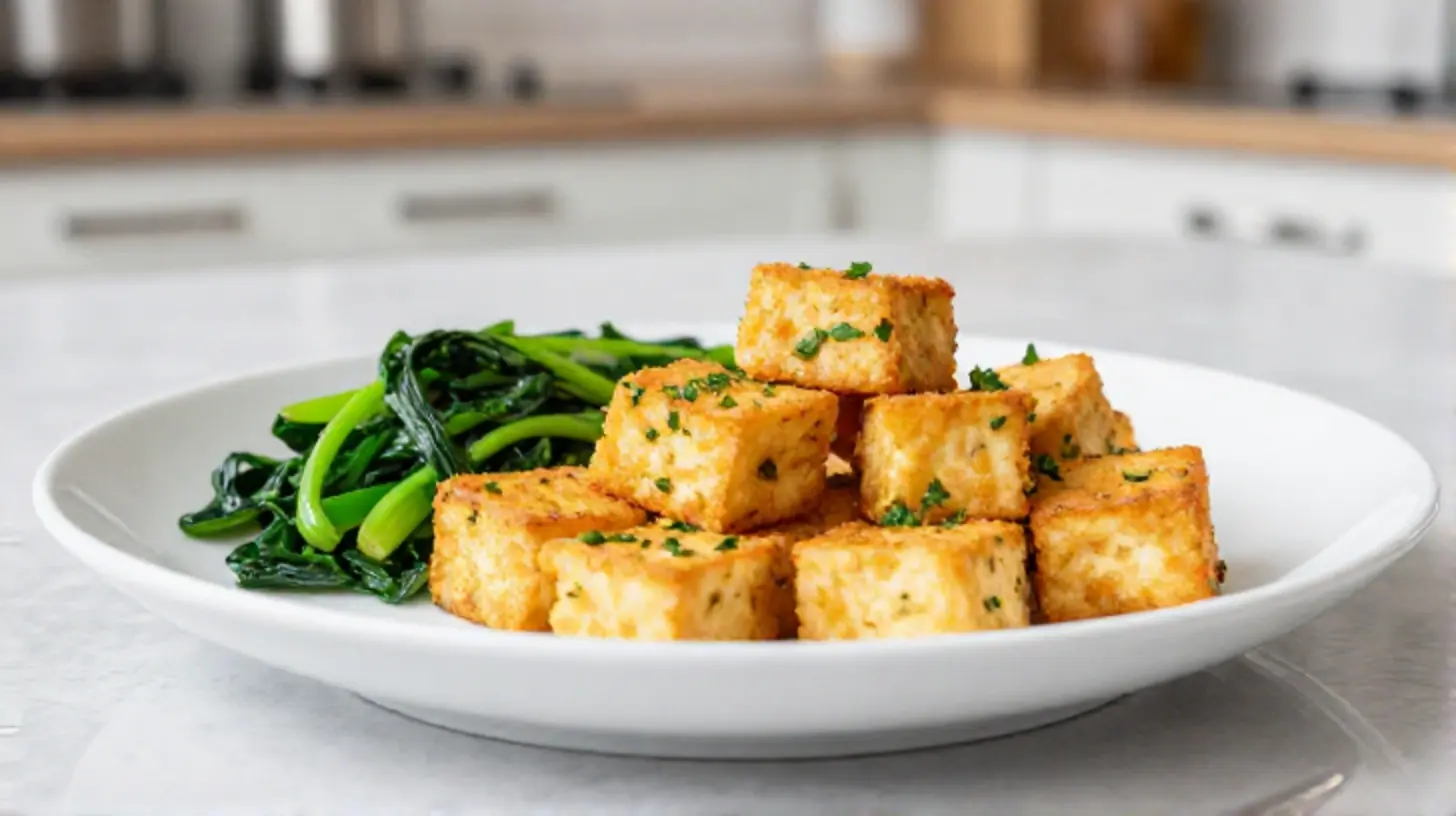 Delizioso tofu croccante preparato nella friggitrice ad aria con spezie aromatiche.