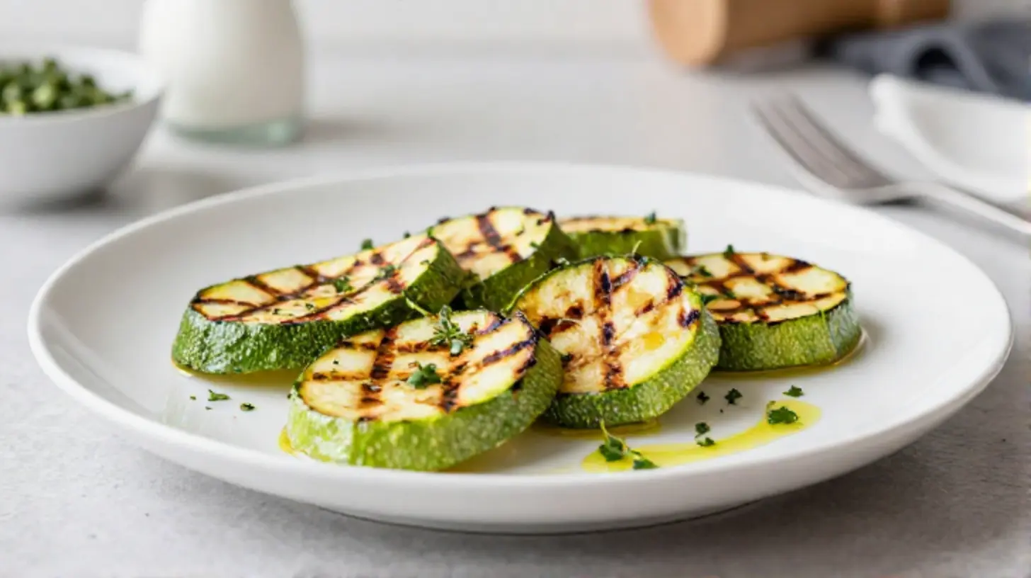 Deliziose zucchine grigliate preparate in friggitrice ad aria, perfette per un contorno leggero.
