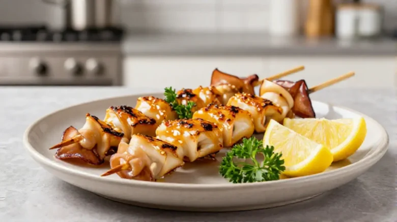 Deliziosi spiedini di calamari preparati nella friggitrice ad aria per un piatto leggero e saporito.